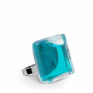 Bague en verre soufflée - Carré Mini Transparent Turquoise